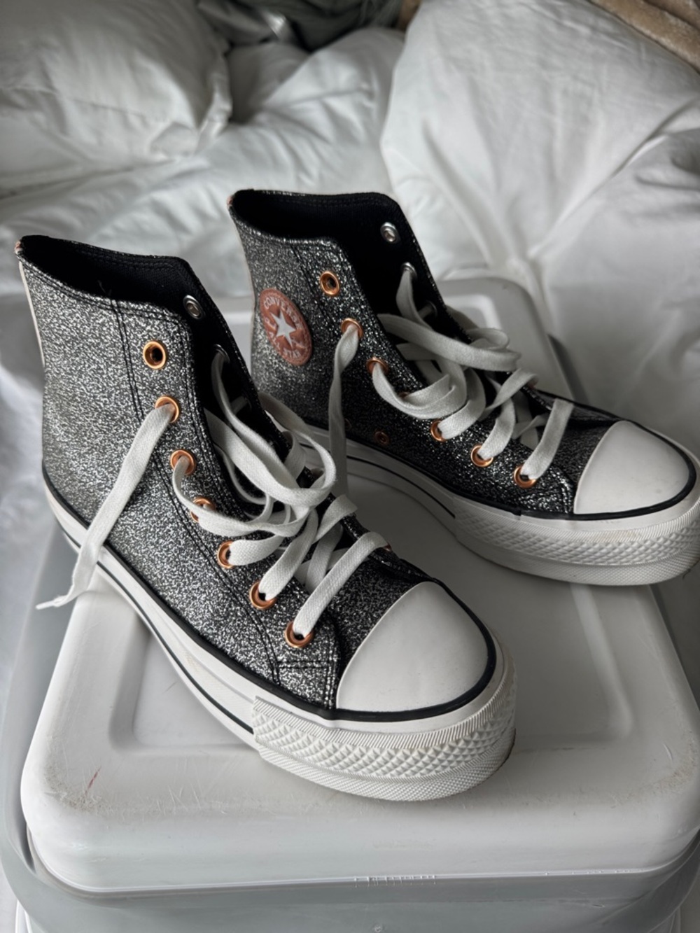 Converse platform High Top Glitter Sneakers in Black and Silver with White Toe
